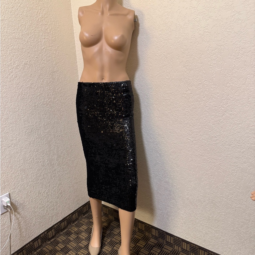 Mango Black Sequin Midi Pencil Skirt